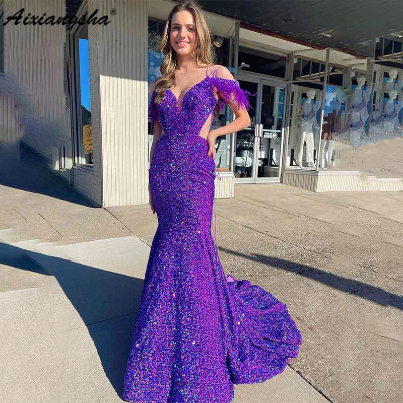 

Aixiangsha Iridescent Purple Cutout Sequins Long Prom Dress with Feathers For Women robes de soirée vestidos fiesta mujeres 2023