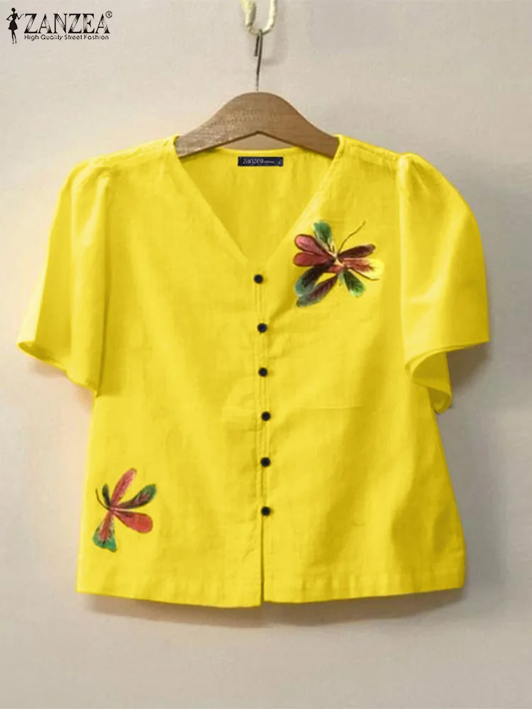 

Винтажная блузка ZANZEA с цветочным принтом, летняя рубашка с коротким рукавом и V-образным вырезом, повседневная Праздничная рубашка, женская элегантная свободная туника, топы 2024