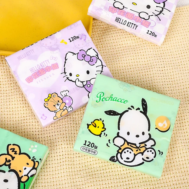 Compact and adorable handkerchief paper featuring Sanrio's Pachacco and Hellokitty characters, perfect for adding cuteness to any occasion.