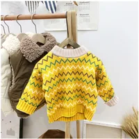 Autumn Winter Infant Baby Boy Sweater Cotton Wave Striped Long Sleeve Kid Boy Pullovers Round Collar Velvet Toddler Boy Knitwear 2