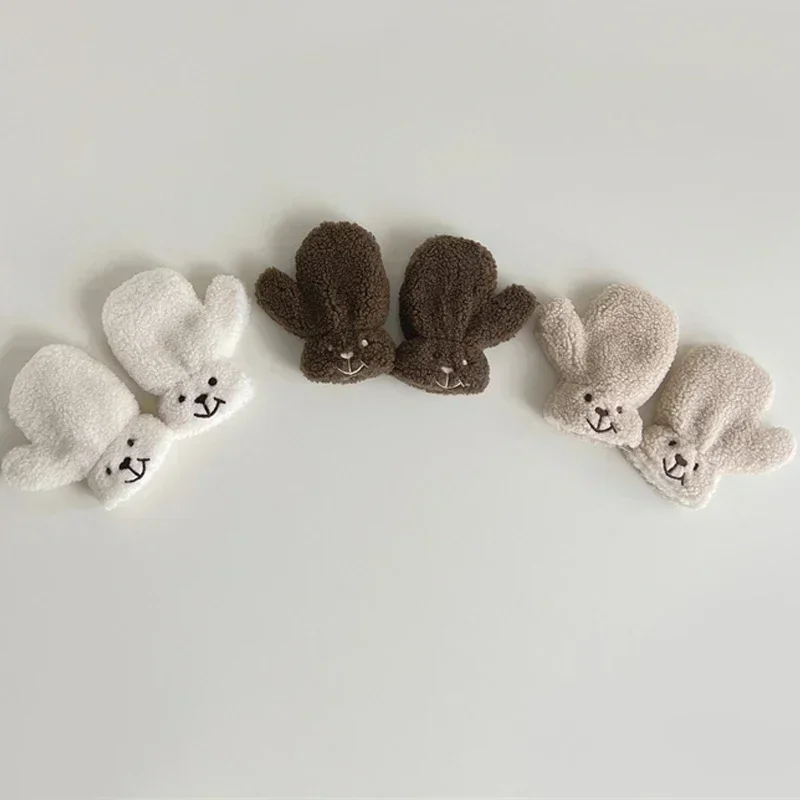 Baby Thicken Plush Warm Mitten Cute Cartoon Bear Girls Children with Rope Mittens Comfortable Windproof Boys Kids Outdoor Gloves
