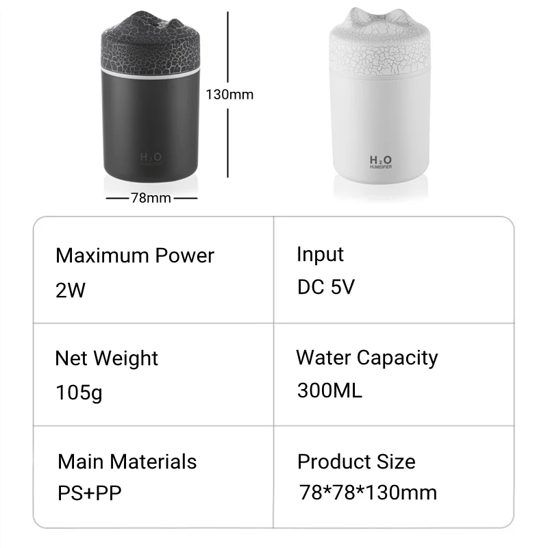 300ML Volcano Air Humidifier USB Aromatherapy Essential Oil Diffuser with LED Light for Home Car Mute Mini Mist Maker Fogger