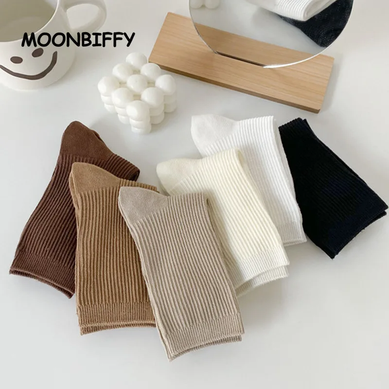 

Autumn Winter Tube Socks Female Coffee Color Vertical Stripes Piled Pile Socks Coffee Color Simple Brown All-match Neutral Sock