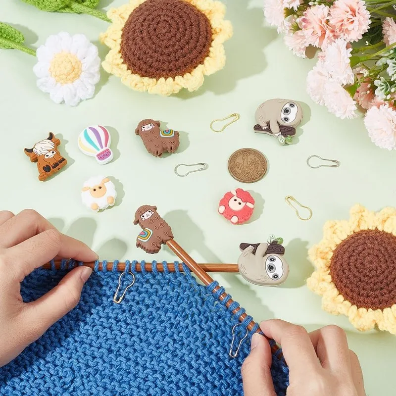 12 Pcs Animal Knitting Needle Stoppers with 60 Pcs Safety Pins Sheep/Hot Air Balloon/Sloth/Alpaca Needle Point Protectors Pear