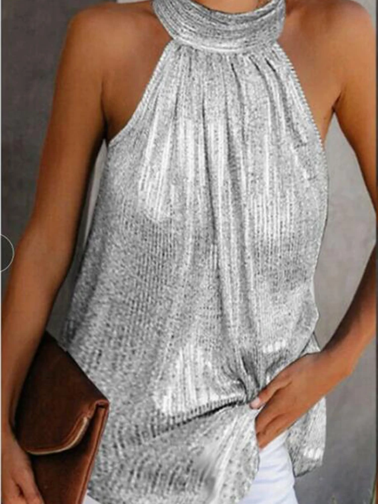 여성 골드 블라우스 2025 새로운 패션 하이 넥 민소매 Hatler 탱크 탑 조끼 여름 캐주얼 루즈 블라우스 셔츠 티