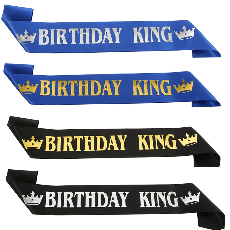 

1Pc Black Blue Birthday King Sash for Boy Men 18 20 30 40 Birthday Party Supplies Satin Ribbon Shoulder Strap Decorations