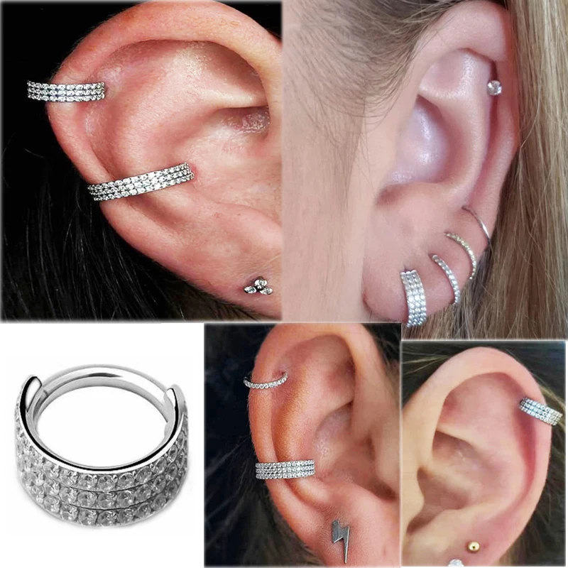 F136 Titanium Ear Piercing Earrings Three Rows Zircon High Segment Clickers Septum Nose Ring Cartilage Tragus Helix Body Jewelry