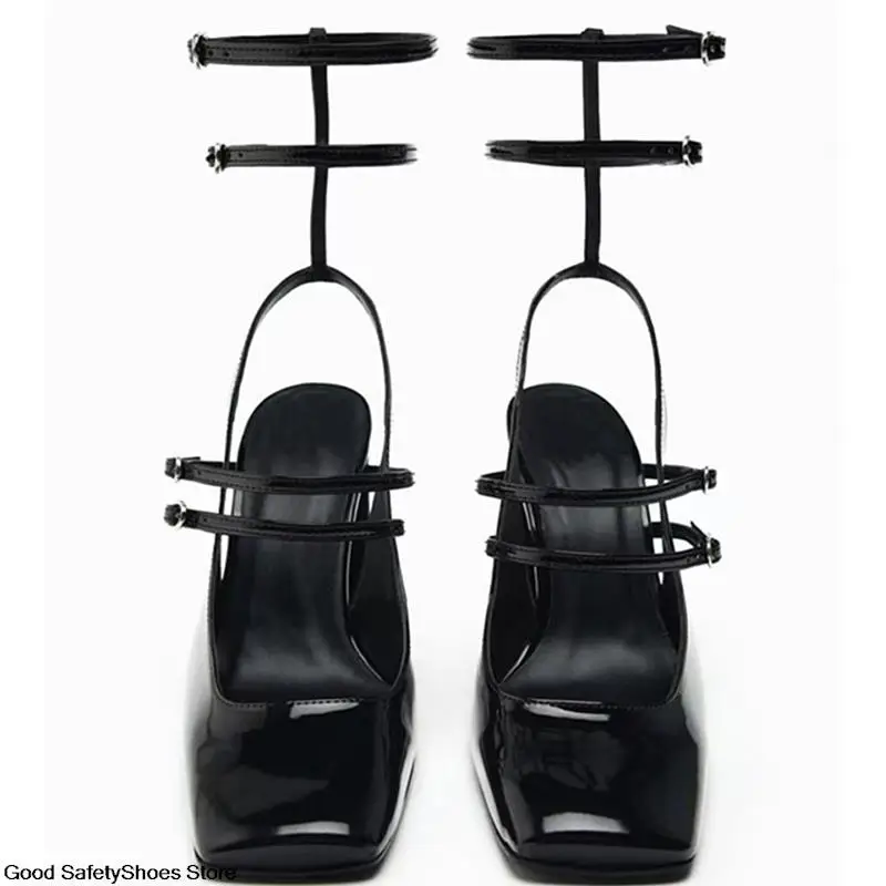 Black Sexy Chunky High Heels Buckle Strap Cut Out Leather Dress Pumps  Sandals mary jane shoes Female sexy fashion buty damskie