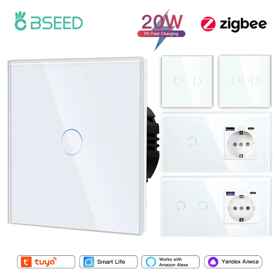BSEED Zigbee สวิทช์แบบสัมผัส1/2/3Gang Sensor สวิทช์ไฟ Tuya Smart Life Alexa App Plus EU ปลั๊ก USB Type-C 20W 1