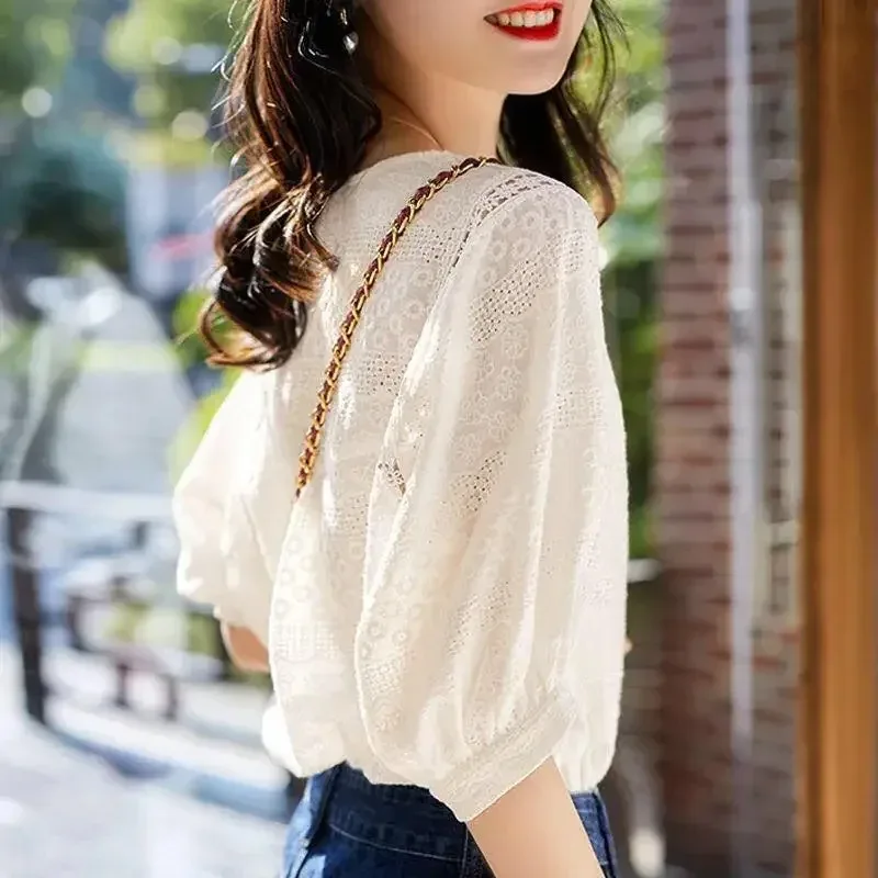 New Summer Round Neck Women's Chiffon Lantern Sleeve Shirt Fashionable Loose Lace White Blouse Y2k Clothes 13440