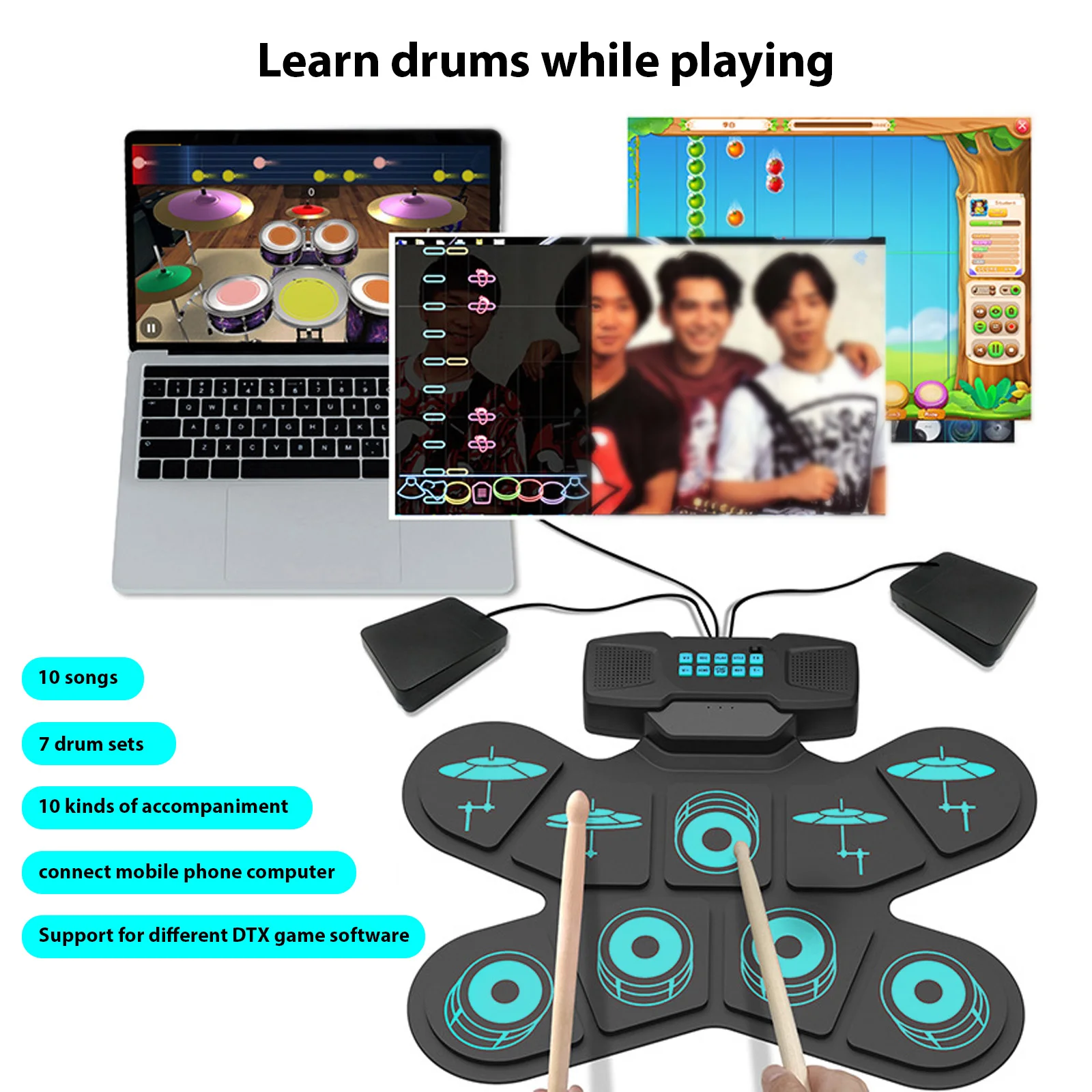 

Electronic Drum Set Hand Roll Drum Set 9 Pads Dual Speaker Rechargeable Holiday Birthday Gift Practice Pad Drum Kit