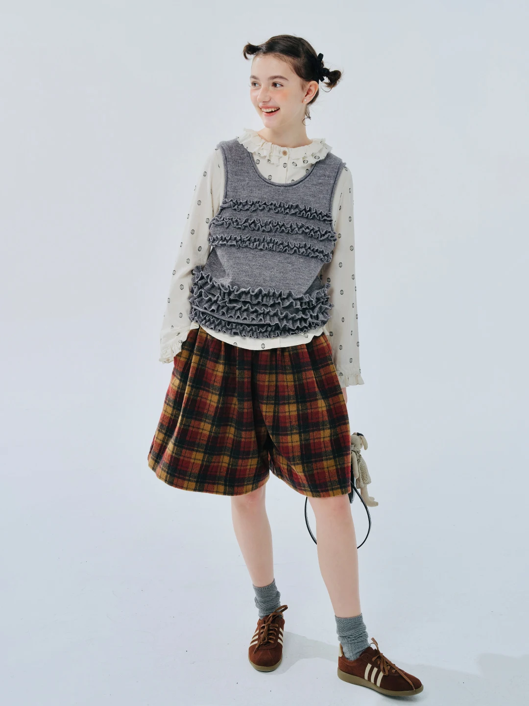 Women's Elastic Waist Plaid Pocket Pleated Wool Shorts IMAKOKONI original design 244439