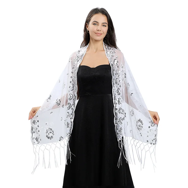 

Elegant Women Embroidery Sequins Shawls Bridal Boleros Wedding Shawl Pure Color Hollow Mesh Lady Evening Dresses Capes Wraps