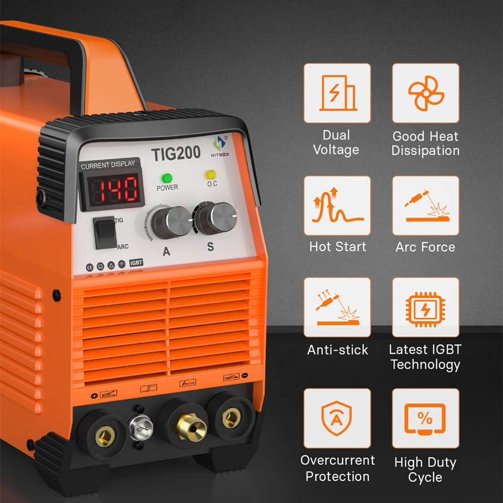 HITBOX TIG200 3 in 1 Welding Machine MMA ARC HF TIG IGBT Inverter Stick Welder Machine Arc Force Hot Start for Outdoor Home DIY 3