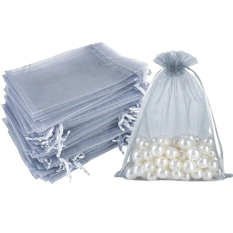 50/100Pcs Drawstring Organza Bag Silver Grey Color Mesh Bag for Jewelry Packaging Festival Wedding Favor Gift Candy Makeup Pouch