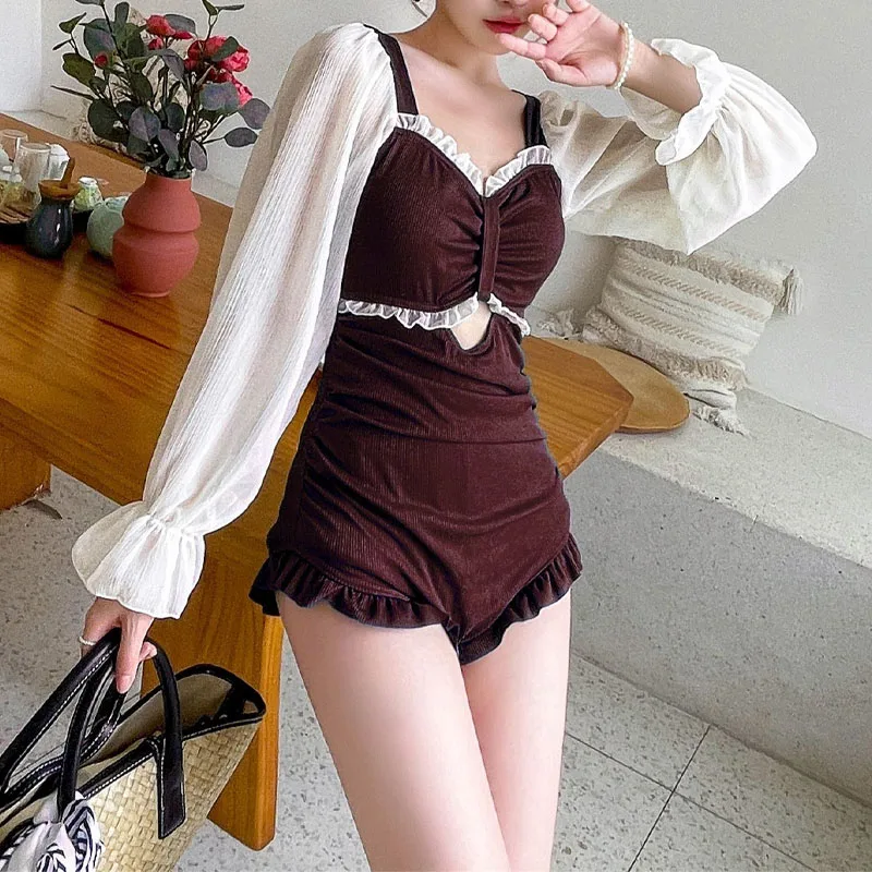Summer Korean Sexy Long Sleeve Tie Dye Monokini for Women Fashion One-Piece Suits Slim Square Collar Swimwear 2023 Female New
