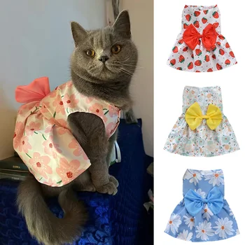 작은 강아지용 활이 달린 패션 고양이 강아지 드레스, 스핑크스 치와와 과일 꽃 프린트, 애완 동물 의류, 로파 파라 가토스 스키엔키