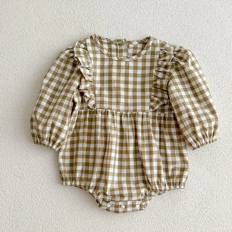

Autumn Spring 0-24M Children Clothes Korean Style Climbing Suit Long Sleeved Cotton Plaid Newborn Baby Girls Rompers