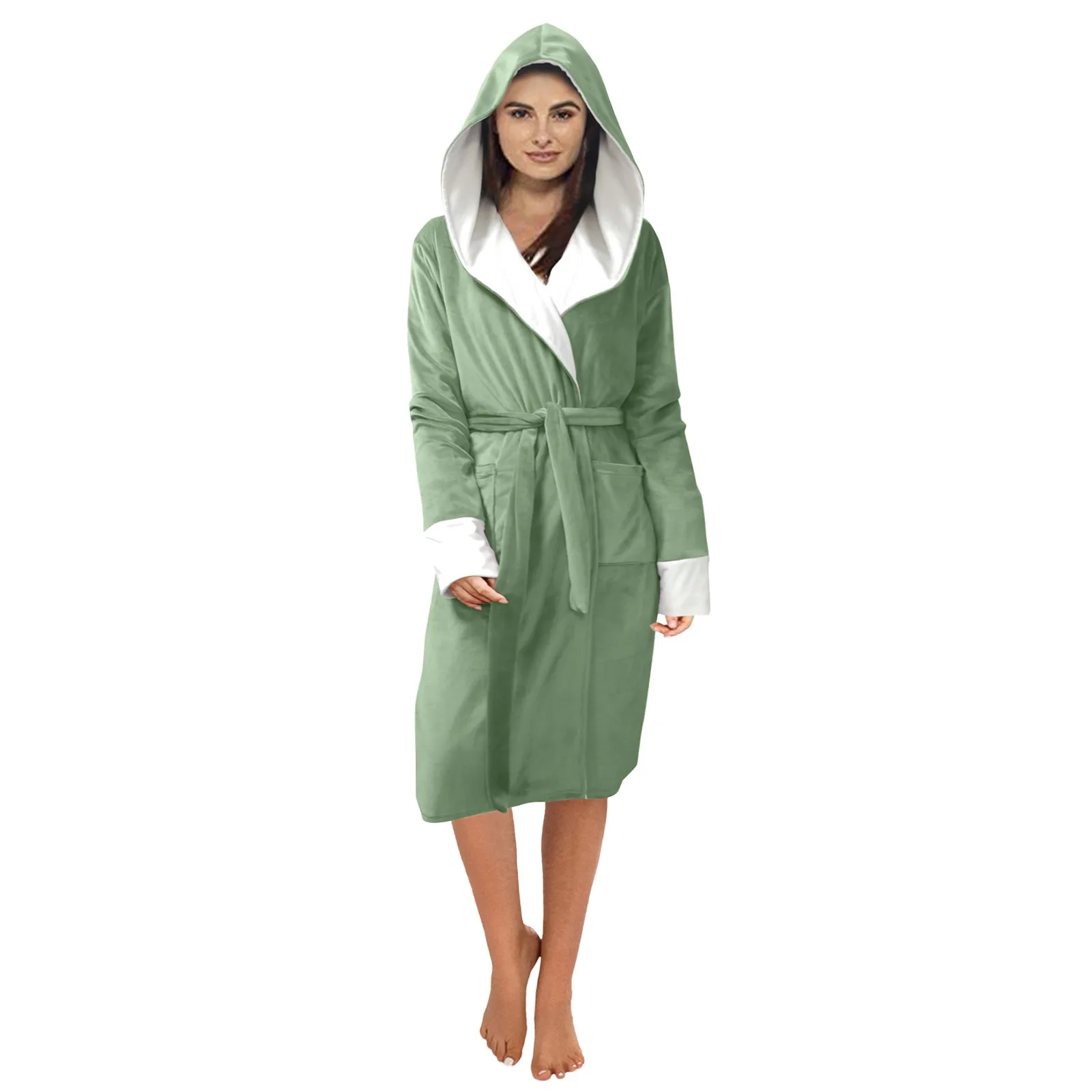 New Sky Blue Flannel Bathrobes Women's Solid Color X-long Hooded Flannel Bathrobes Winter Comfortable Kimono Nightgowns