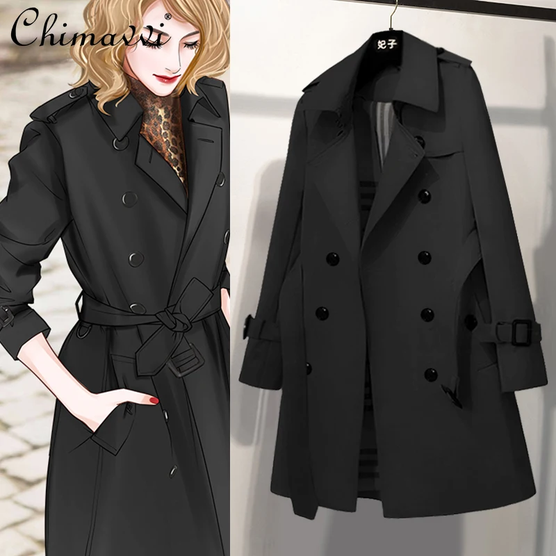 

Classic Mid-Length Trench Coat Women Spring Autumn New Fashion Elegant Double-Breasted Black Long Sleeve British Retro Coats