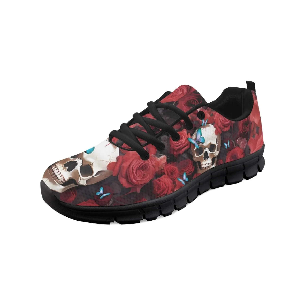 INSTANTARTS Pretty Red Flower Skull Gothic Design Casual Sneakers for Women Lightweight Walking Flats Non-Slip Vulcanized Shoes