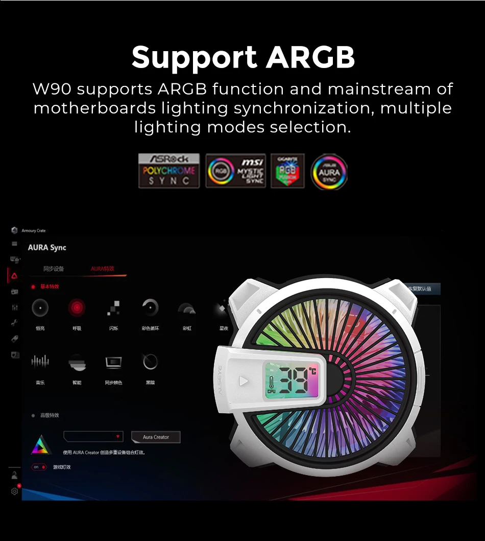 iluminação ARGB 90mm, exibição de temperatura precisa,