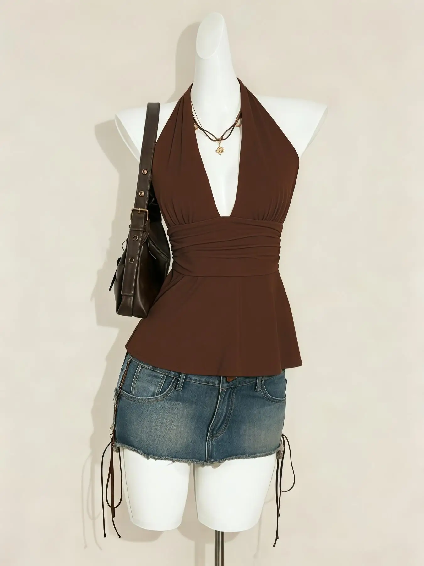 Damen-Top mit Polka-Dot-Muster, ärmellos, tiefer V-Ausschnitt, rückenfrei, zum Binden, Peplum-Top für den Sommer, Streetwear – Detail 1