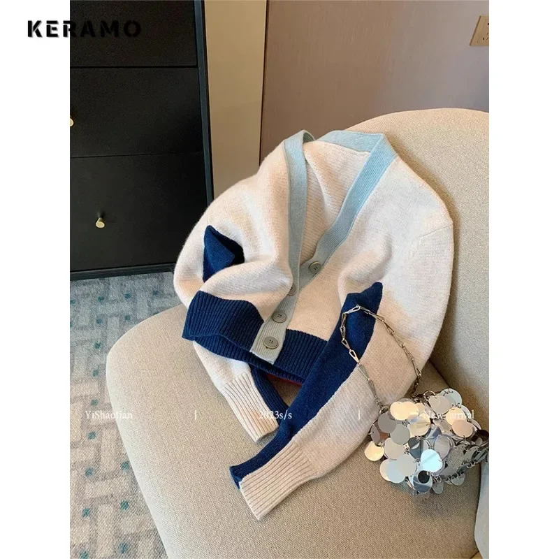 

2023 Winter Knitting Long Sleeve Casual V-Neck Cardigans Women Korean Fashion Patchwork Jumpers Single Breasted Ladies Sweater