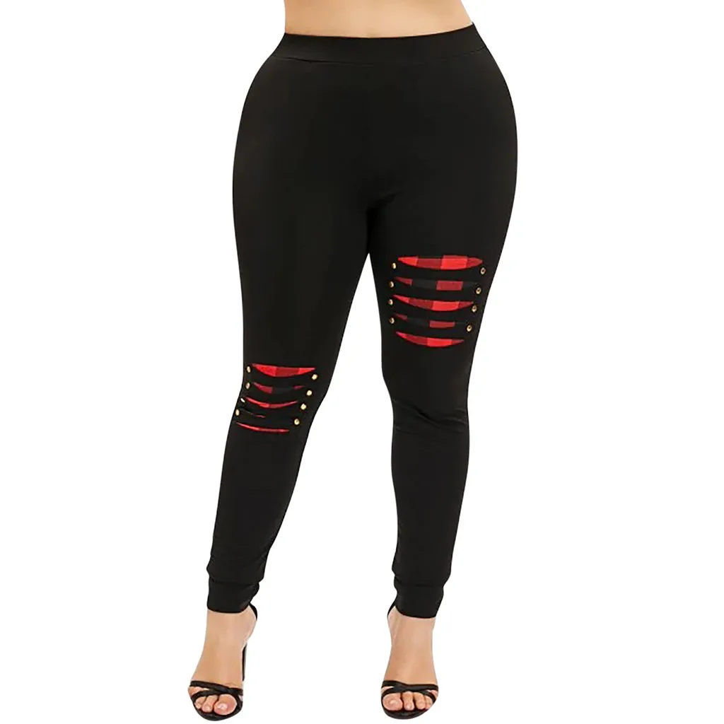 

Women Plus Size Beading Ripped Plaid Panel Elastic Waist Casual Leggings Pants брюки больших размеров 플러스 사이즈 바지 женские брюки