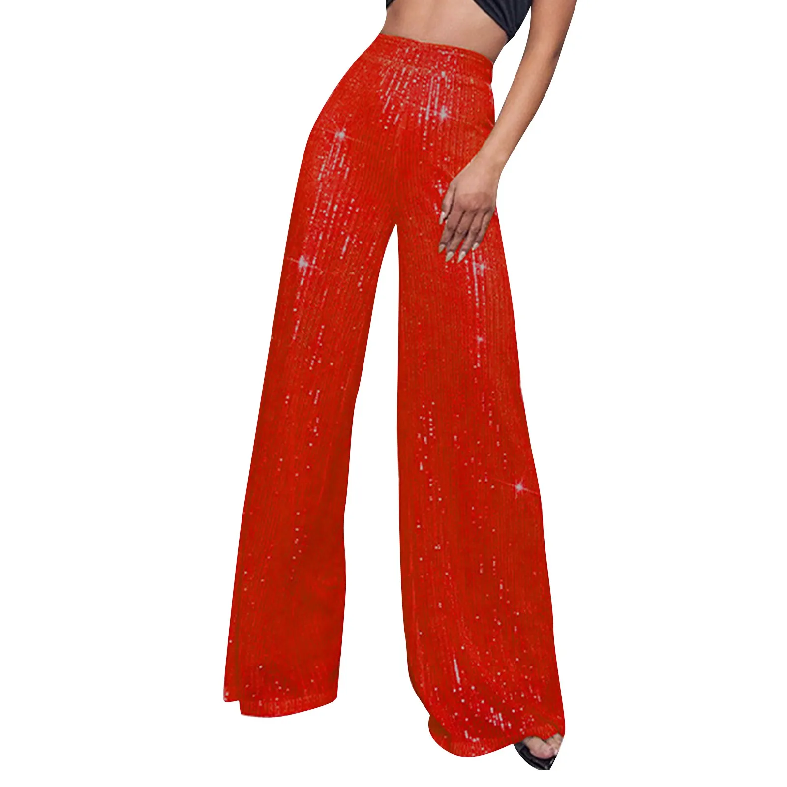 

Women's Fashion Solid Color High Waist Sequin Side Zipper Draped Wide Leg Pants pantalones de mujer calça feminina السراويل