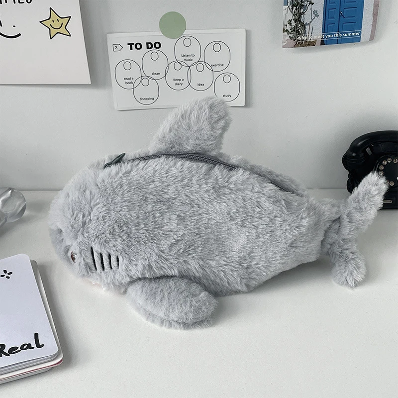 Pencil case Large Capacity Pen Pouch Stationery Storage Box Cute Plush Ocean Shark Portable Cosmetic Bag School Office Supplies