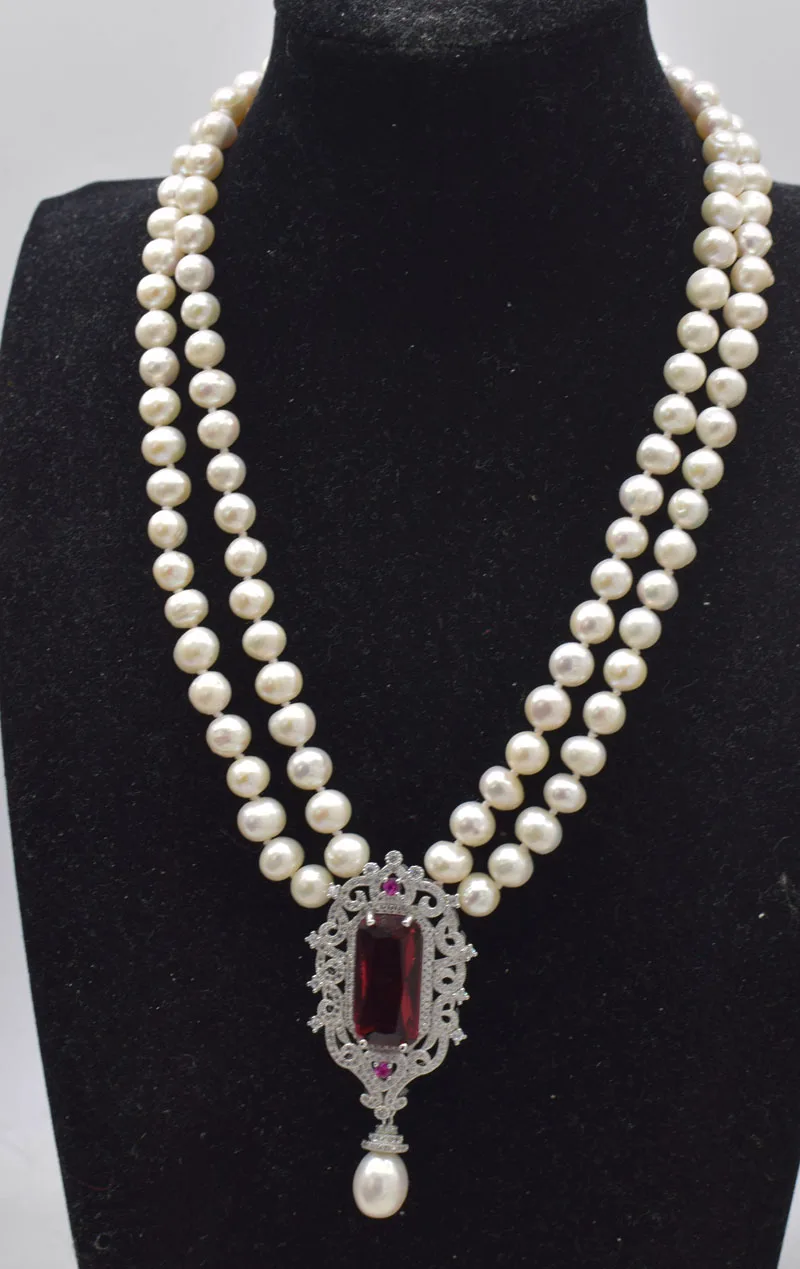 

2rows freshwater pearl near round 8-9mm white and red pendant necklace 17-18inch wholesale beads nature