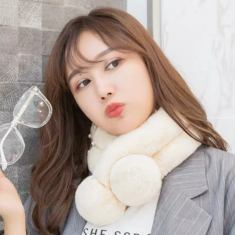 

Плюшевый плотный теплый шарф из меха кролика, новинка осенне-зимнего сезона, модный однотонный меховой шарф с помпоном, аксессуары для студентов и детей