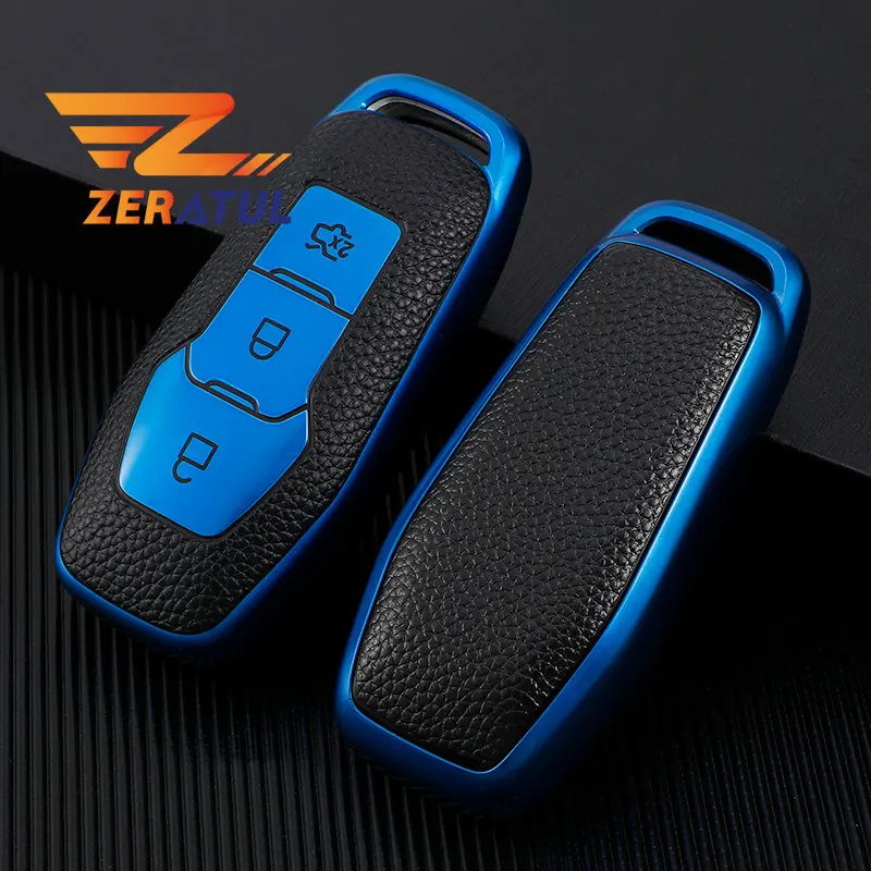 KUNIO Autoschlüssel Schutzhülle Passt für Ford Escort Focus 3 4 ST Mondeo 5 MK5 Mustang F-150 Explorer TPU Leder-Textur Schlüsselanhänger Schlüsselbund Schlüsselcover 3 Tasten Grün