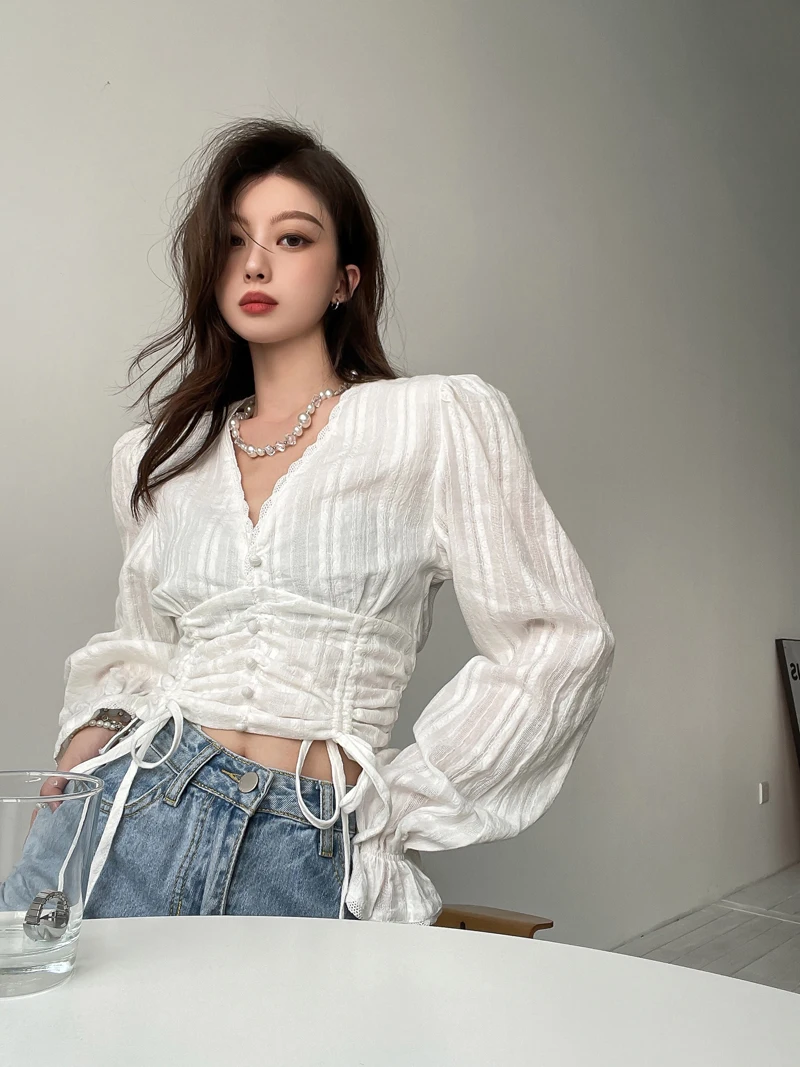 

Vintage Chic V Neck Fashion Blouse Women Y2k Puff Sleeve Lace Patchwork Sweet Shirts 2023 Autumn Drawstring All Match Crop Top