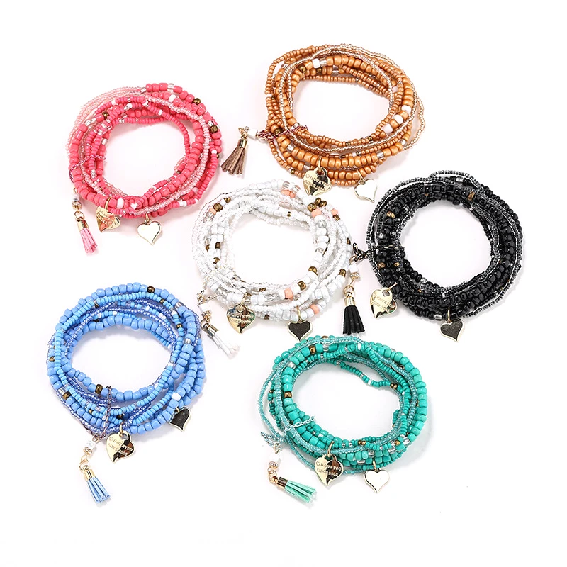 Bracelet jewelry Bohemia Evil Eye Tassel Charm Beads Bracelets Set Bangles For Women Multilayer Crystal Heart Life Tree Charm Wristband Gifts