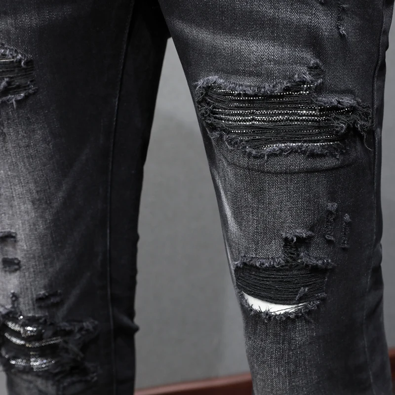 High Street Fashion Men Jeans Retro Black Gray Stretch Skinny Fit Ripped Jeans Men Patched Designer Hip Hop Brand Pants Hombre