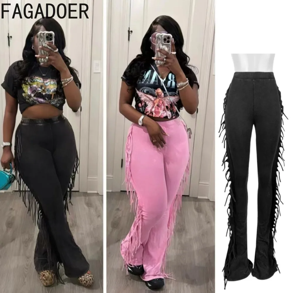 Autumn Winter Casual Tassels Skinny Flare Pants Women High Waist Solid Stretchy Trousers Female Y2k Streetwear Bottoms