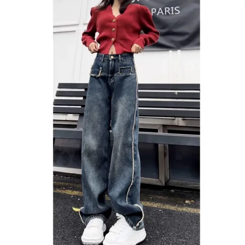 

Retro Rough Edge Jeans Women Spring and Autumn 2023 New Versitile Fashion Casual High Waist Slimming Straight Wide Leg Trousers