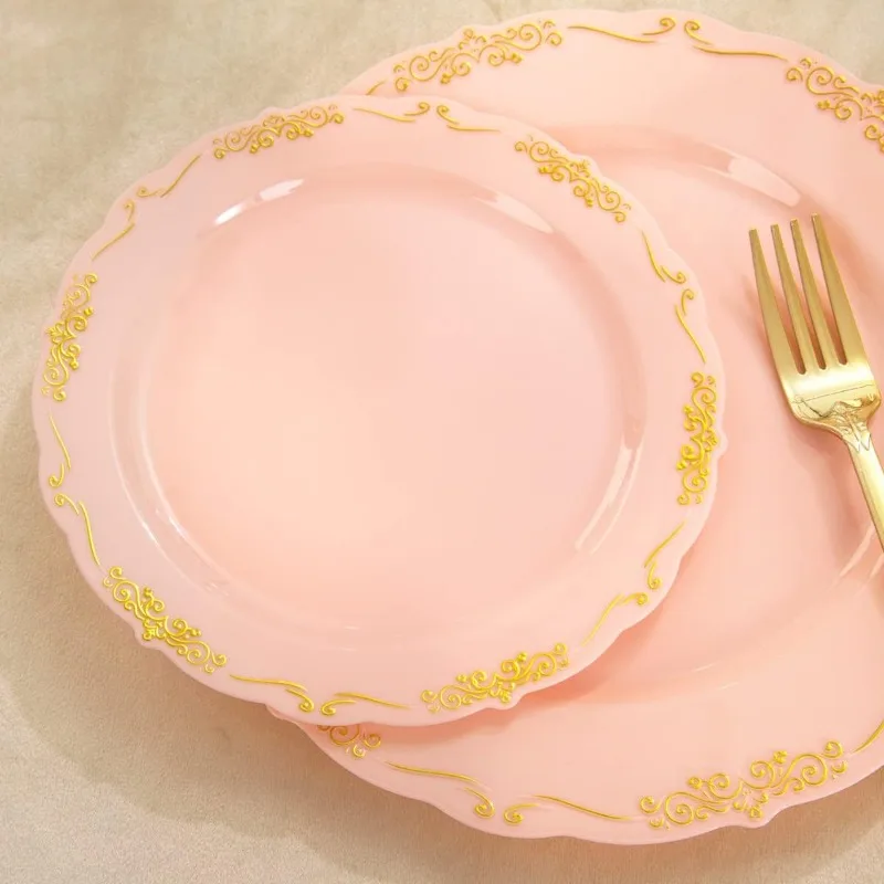 Pink and Gold Plastic Plates and Cups 210 Gold Rimmed Dessert Plates/Salad Plates