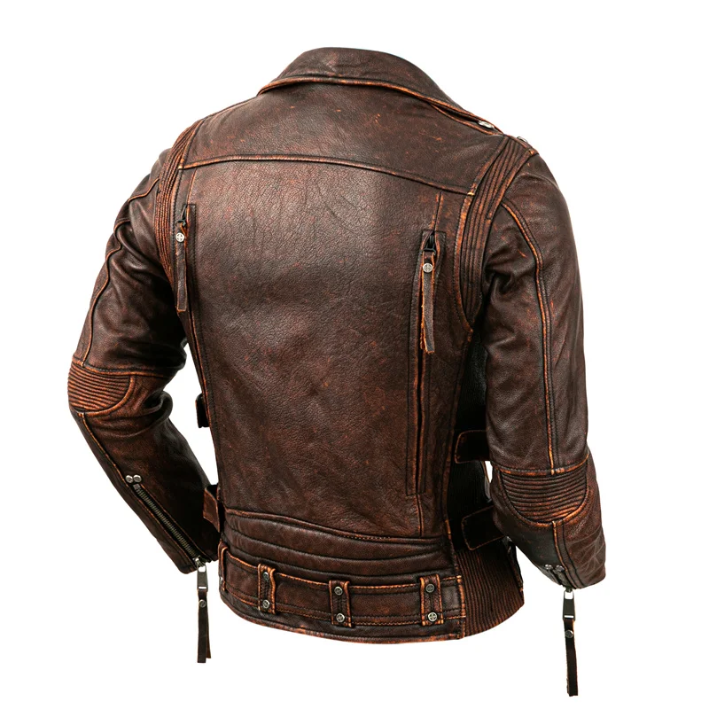 Men Leather Jacket Motorcycle Cowhide Genuine Leather Jacket Men Slim Stone Milled Retro Calfskin Leather Coat Moto Biker Riding