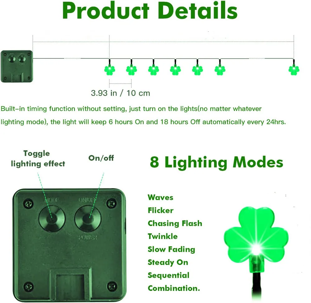Solar St Patricks Day Decorations Shamrock String Lights Lucky Clover Green Lights Outdoor Waterproof 8 Mode Light 066 6