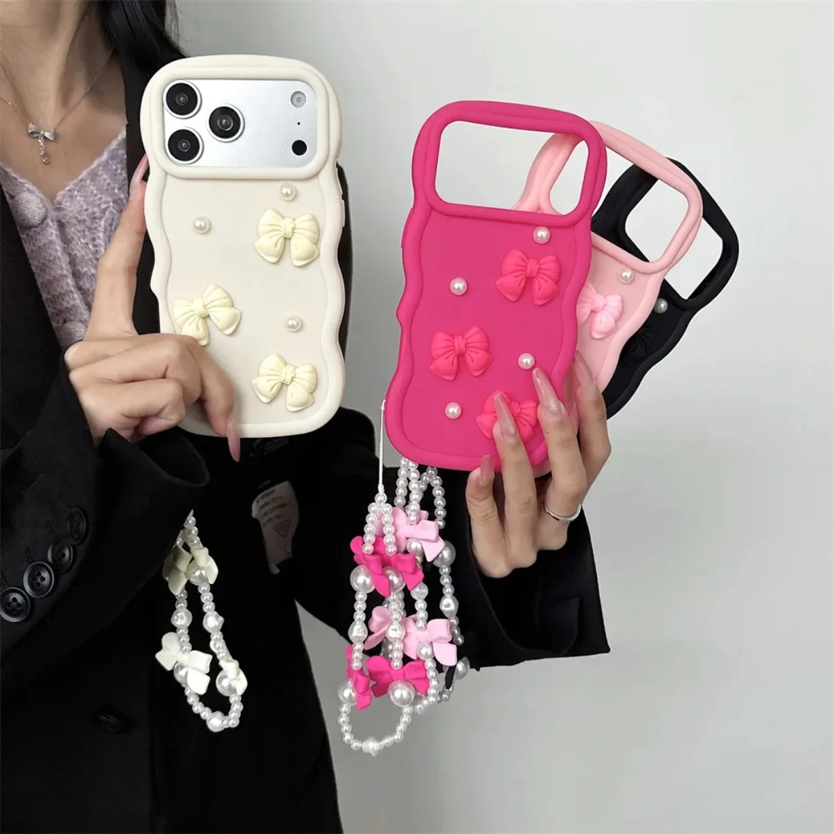 3D Cute Kawaii Bowknot Wavy Edge Phone Case with Pearl Chain Wrist Strap