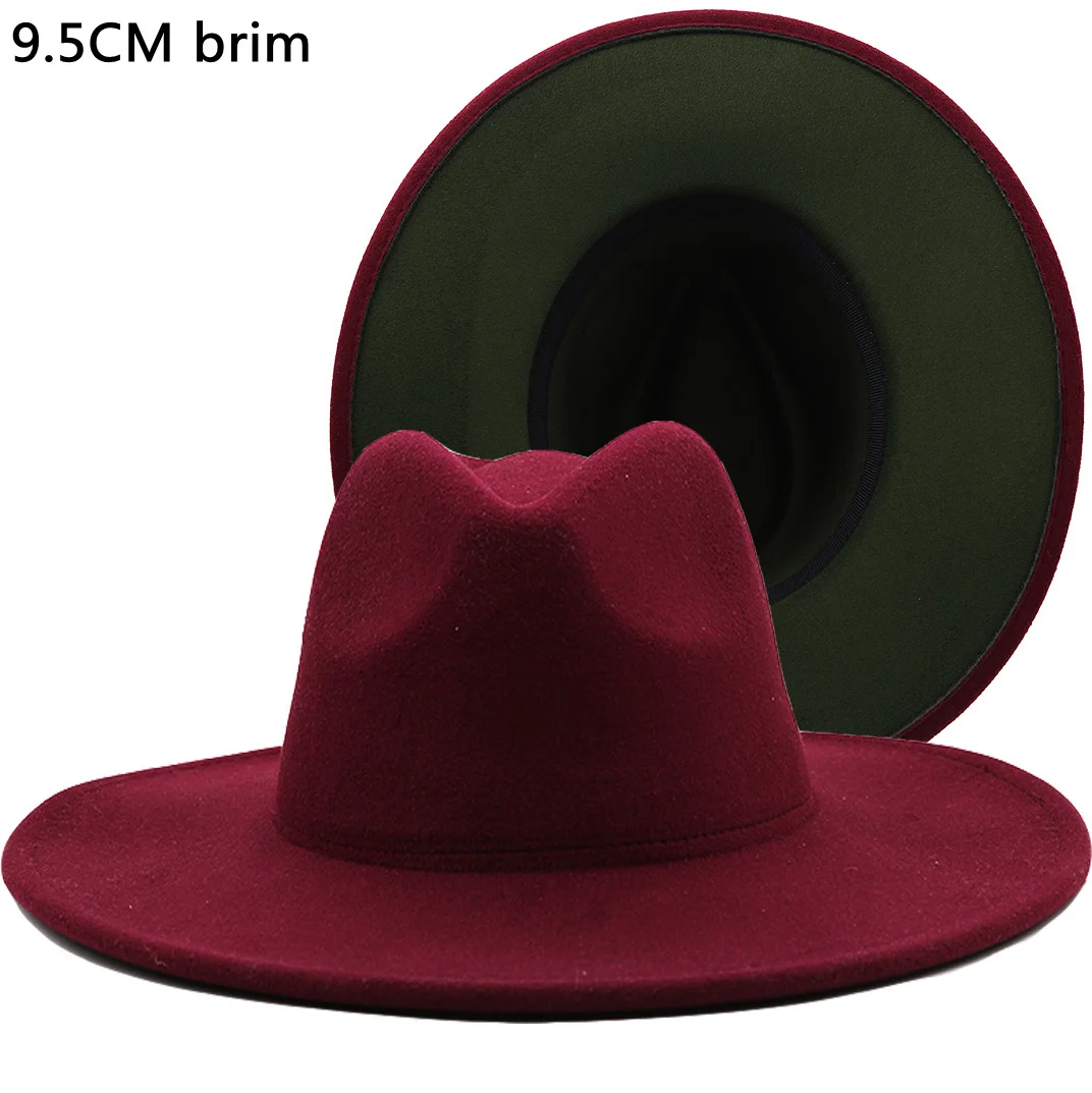 

Outer Wine Red Inner Green Wool Felt Jazz Fedora Hats with Thin Belt Buckle Men Women 9.5cm Wide Brim Panama Trilby Cap 56-58cm