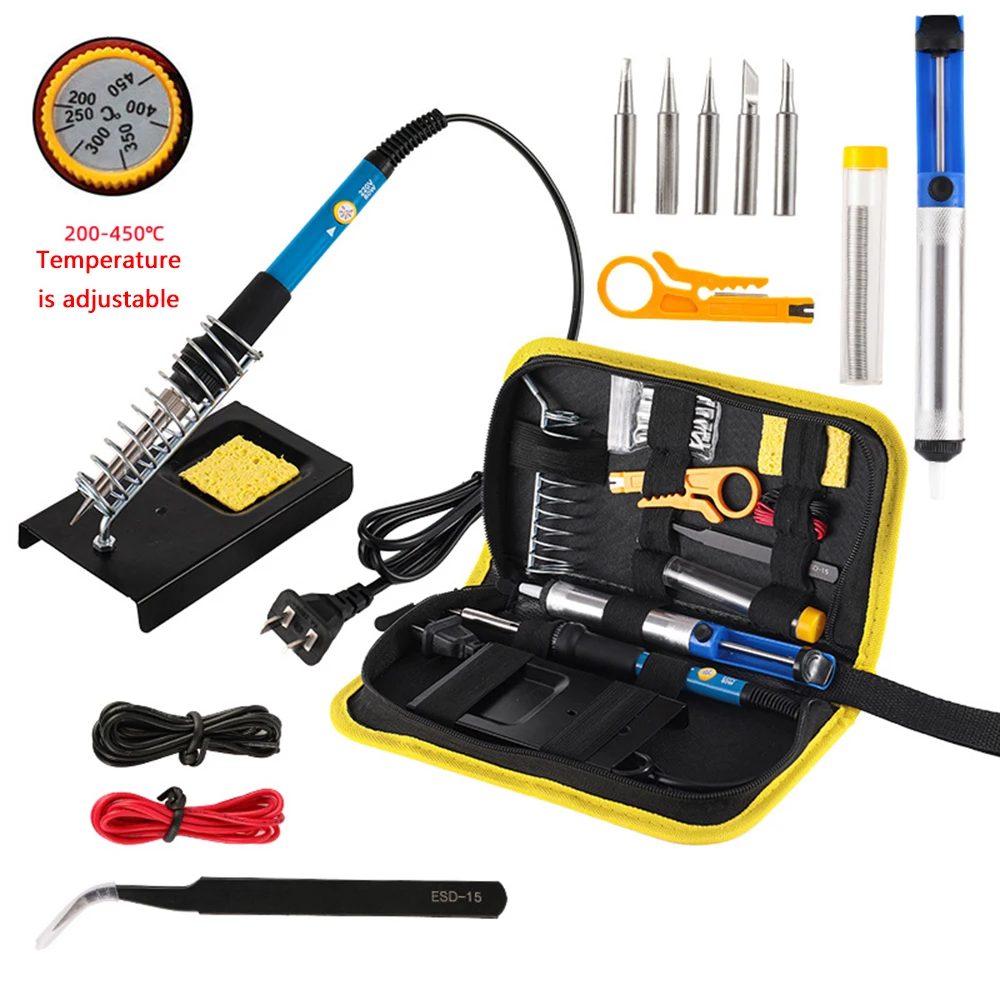 

Soldering Iron Kit 60W Ceramic Heater 14 in1 Soldering Tool 200 to 450°C AdjustableTin Welding Machine with Tips Solder Wire