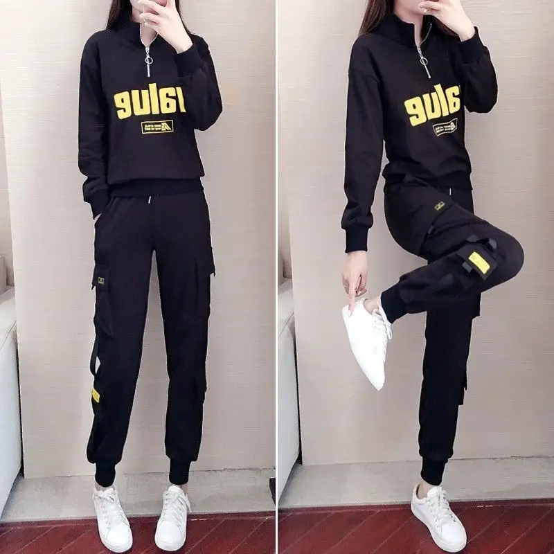

Causal Spring Autumn Women Two Pieces Set Printed Letter O-neck or Stand Collar Hoodies Top Fashion Cargo Pants Oversized 2XL