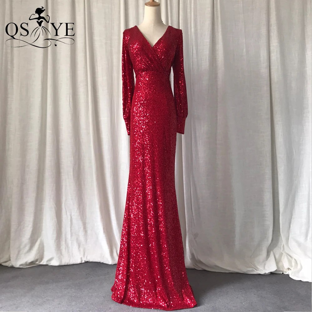 Long Sleeves Red Evening Dress Fitted Mermaid Sequin Evening Gown Glitter Sexy V Neck Party Dress Sparkle Ruched Formal Gown white prom dress Prom Dresses