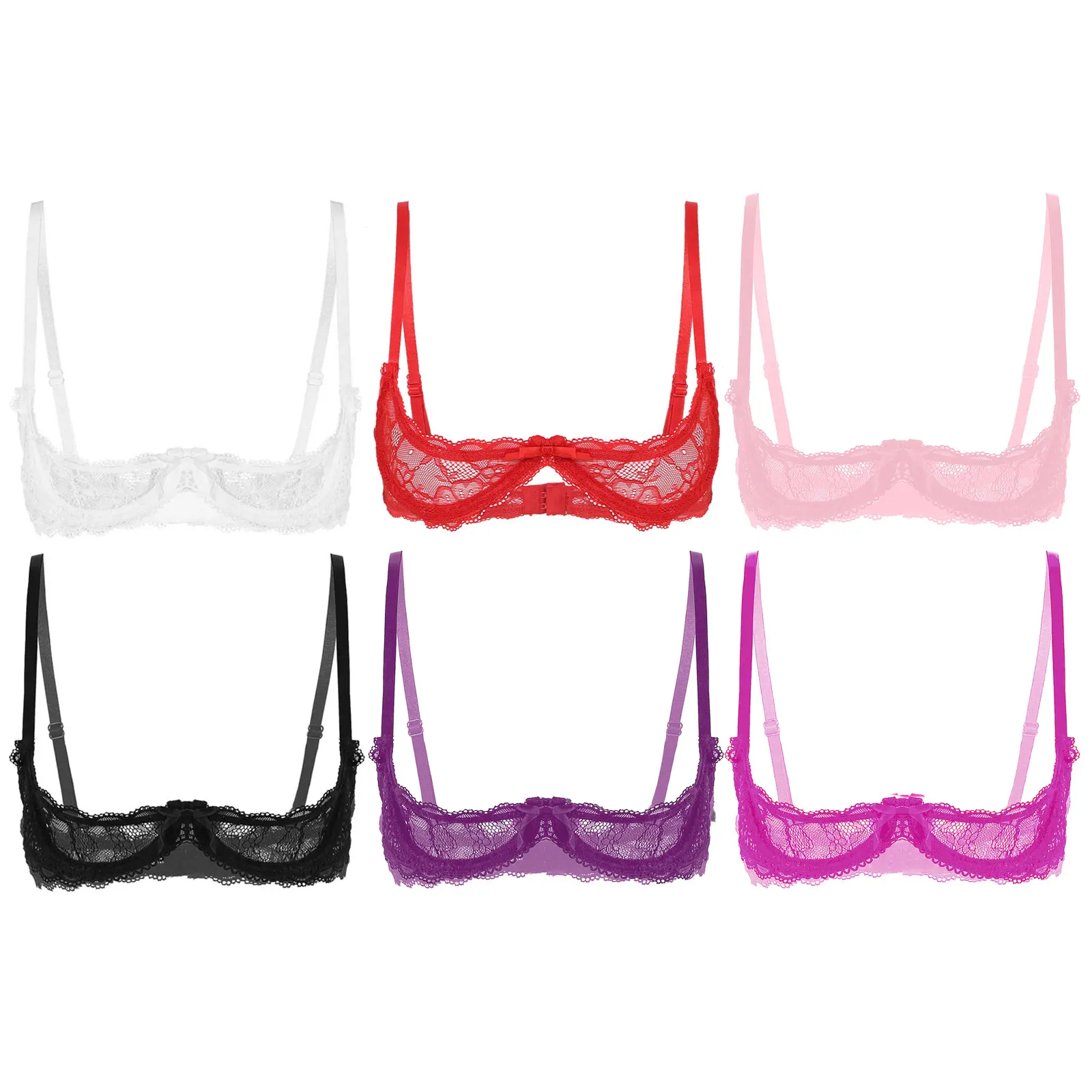 Women See Through Sheer Lace Hollow Out Lingerie Adjustable Spaghetti Shoulder Straps Open Cups Bra Push Up Underwire Bra Tops erotic lingerie