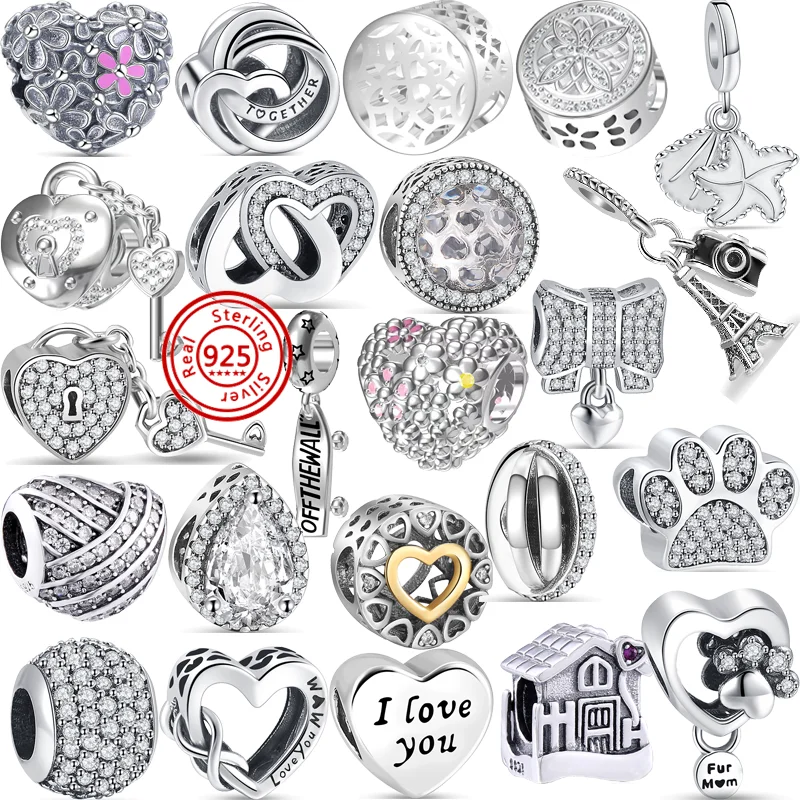 

925 серебряные ракушки, морская звезда, сердце, лапа, принт, замок, клавиша, ажурные простые бусины подходят к оригинальному браслету Pandora с подвесками, Женские Ювелирные изделия для девочек