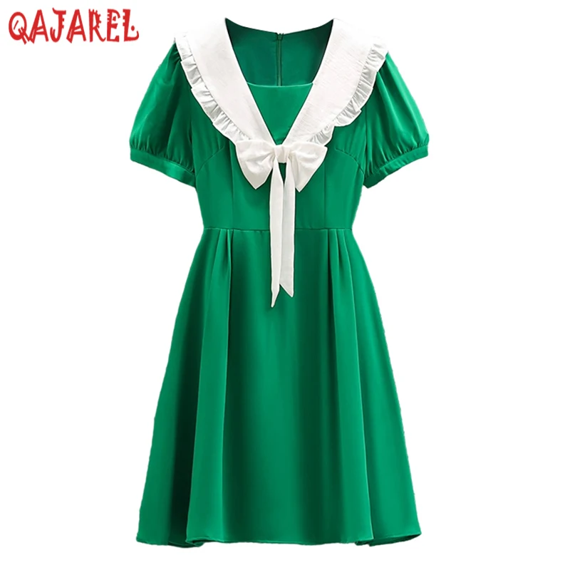 

Black Short Sleeve Chic Bow Ruffled Doll Collar Mini Dress 2023 Women Green Casual Y2k Dress Summer Korean Fashion Prom Clothes